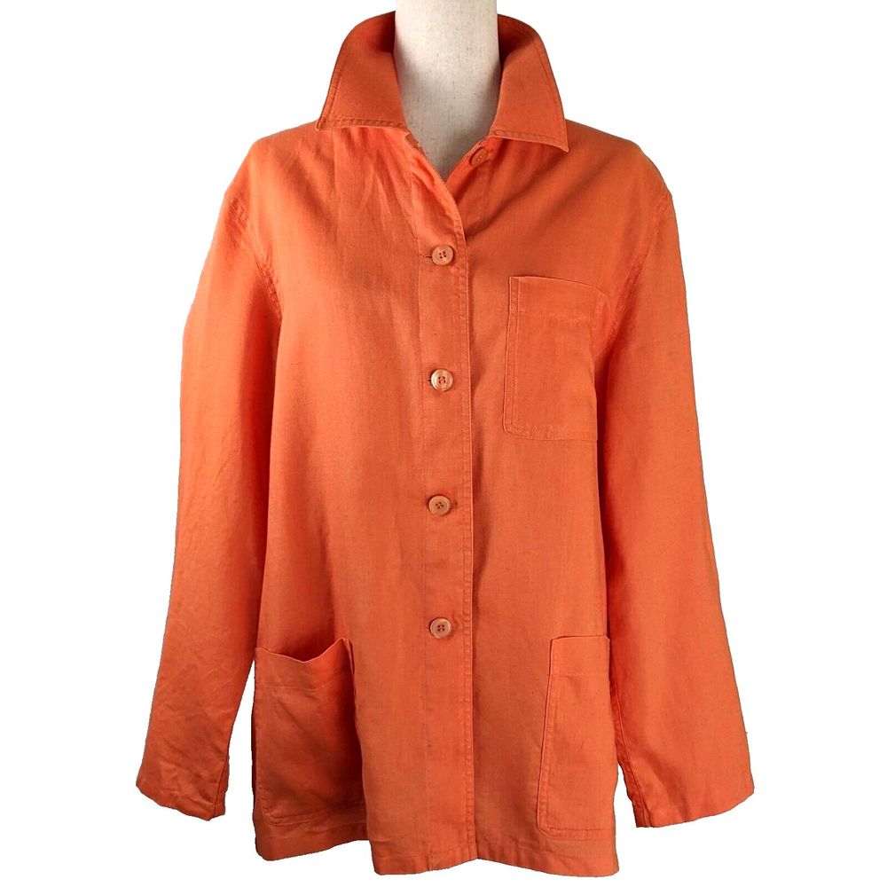 Evan- Picone Size L Orange 100% Linen Button Fron… - image 1
